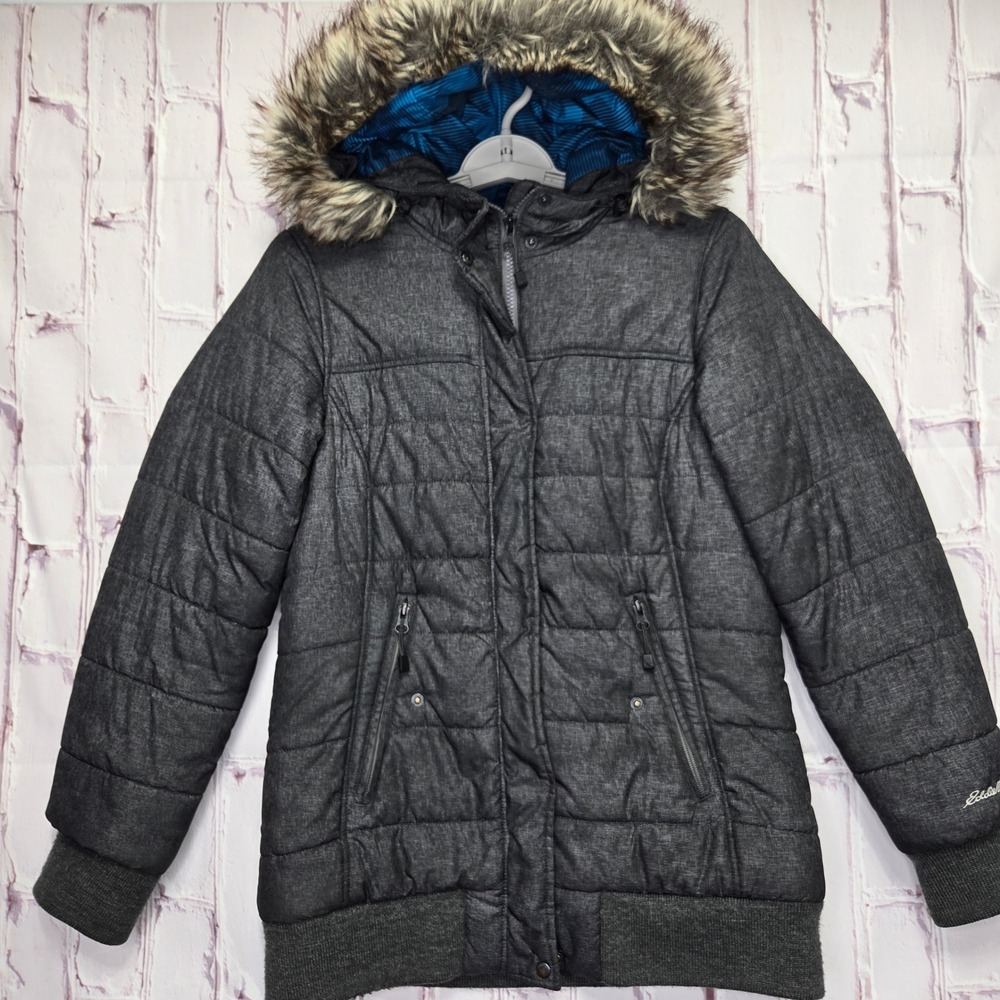 Eddie Bauer Puffer Jacket Dark Grey Faux Fur Hood Camo Lining Winter Women PS